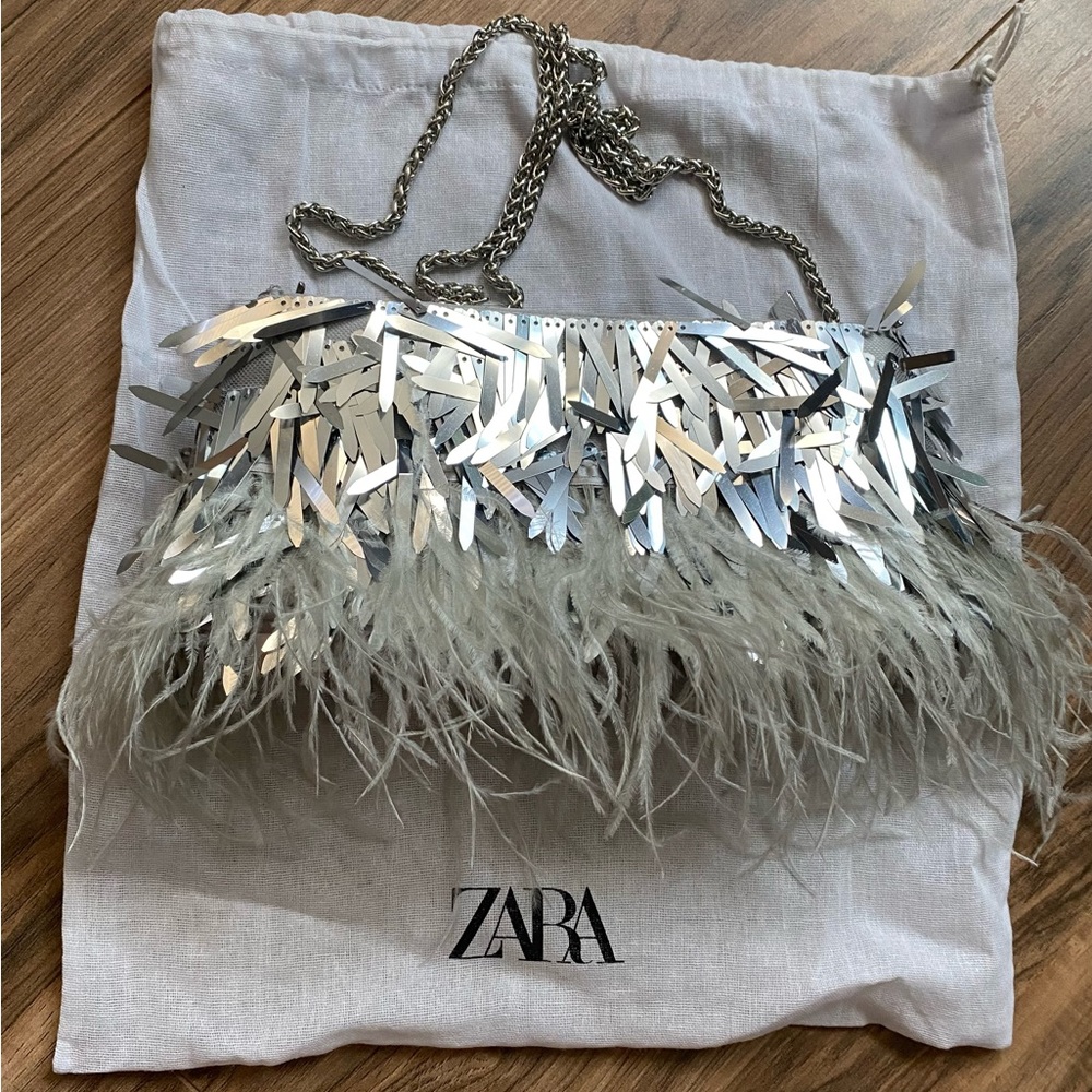 Zara Feather Rhinestone Silver Sequin Clutch Bag
